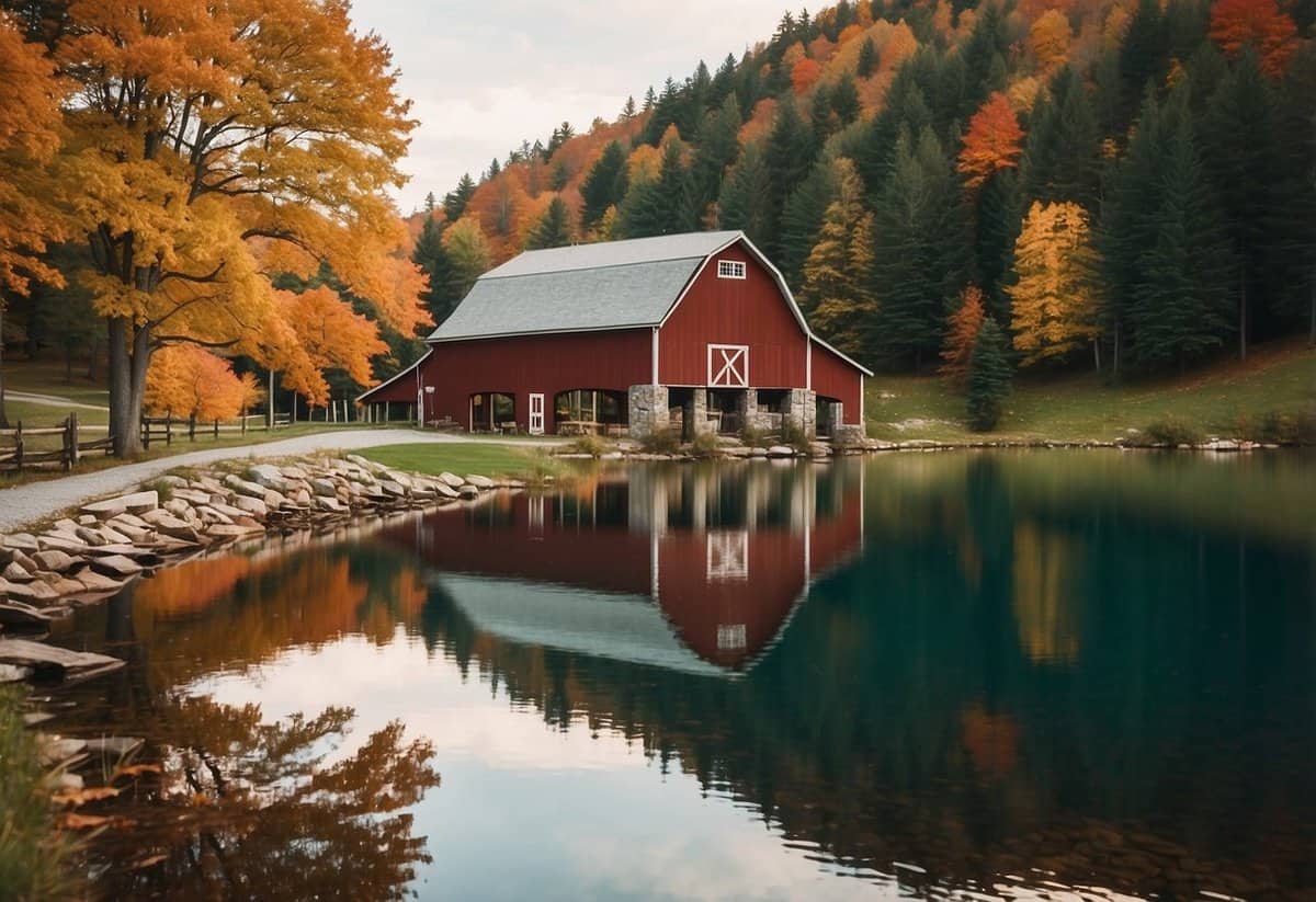 A picturesque barn wedding venue in Vermont with rolling hills, colorful foliage, and a serene lake in the background