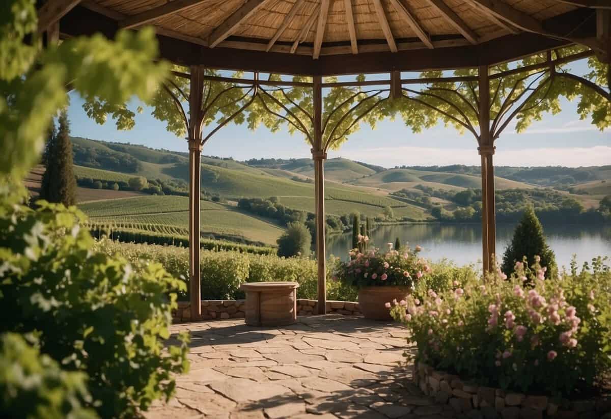A picturesque vineyard overlooks rolling hills and a serene lake, with a charming gazebo nestled among blooming gardens