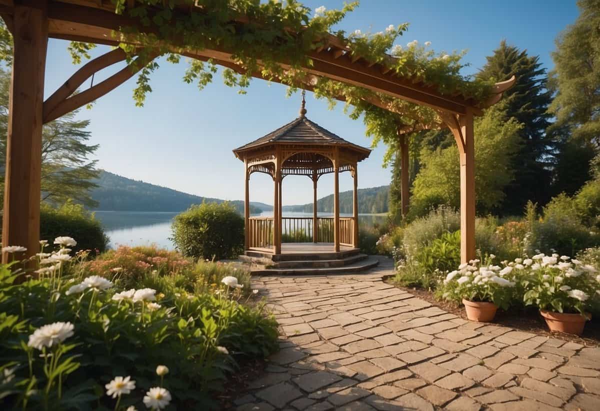 A lush garden with blooming flowers, a serene lake, and a charming gazebo set against the backdrop of rolling hills and a clear blue sky