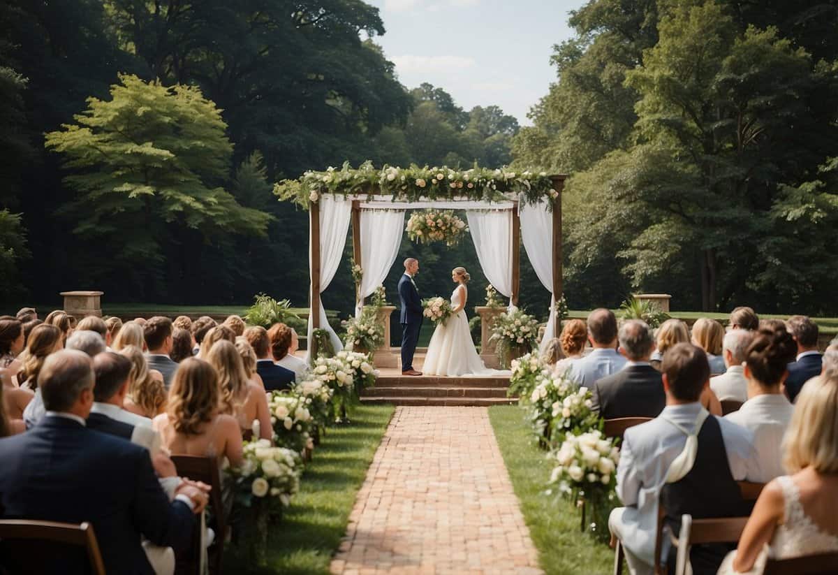 A picturesque outdoor ceremony at a historic Virginia venue with lush gardens, grand architecture, and a scenic backdrop