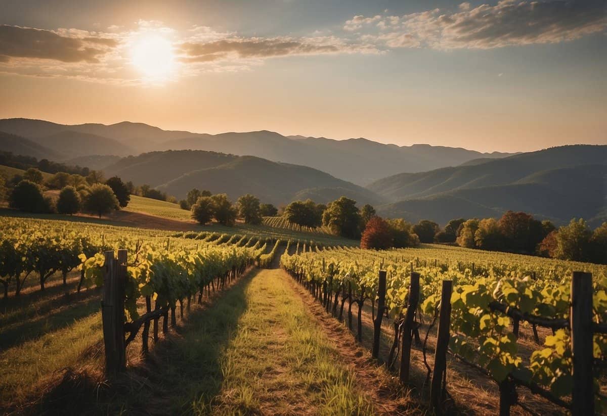 A picturesque vineyard overlooks the Blue Ridge Mountains, with a rustic barn set for an intimate ceremony. The sun sets behind rolling hills, casting a warm glow over the romantic setting