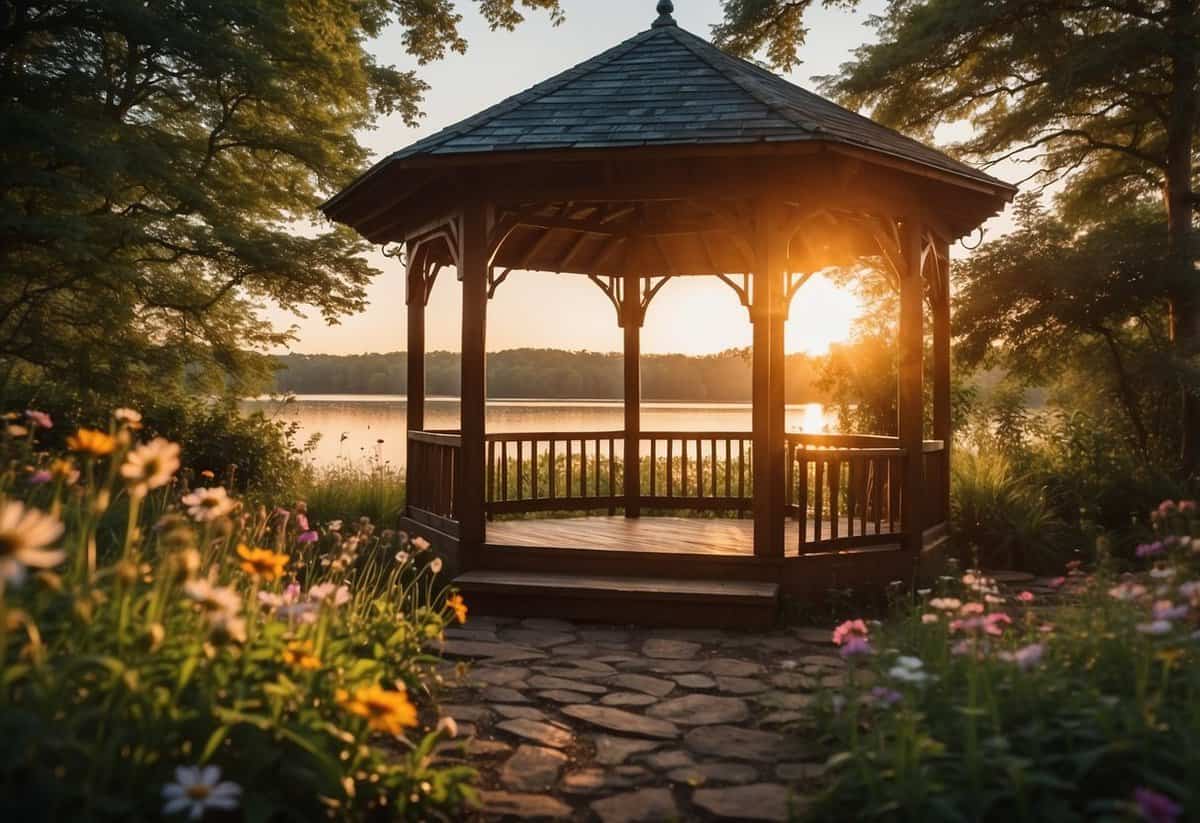 A serene lakeside setting with a rustic wooden gazebo, surrounded by lush greenery and colorful wildflowers, with the sun setting in the background