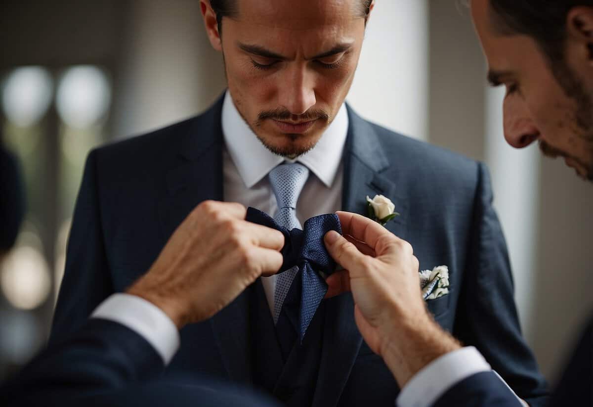 Groom getting ready: tie being adjusted, cufflinks being fastened, shoes being polished