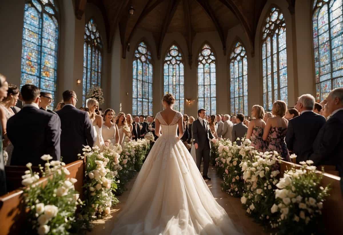 A bride walks down a flower-lined aisle, sunlight streaming through stained glass windows, as guests look on with joy