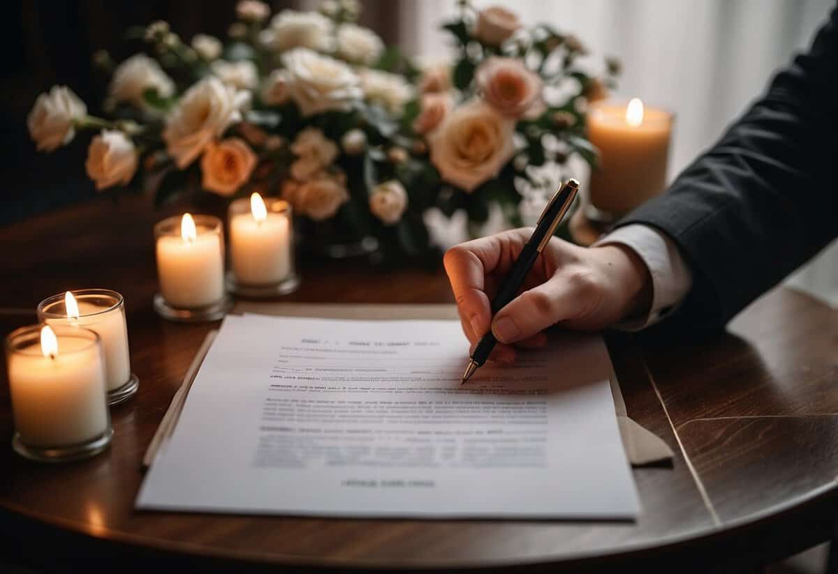 A hand holding a pen, signing a formal document on a decorative table with flowers and candles