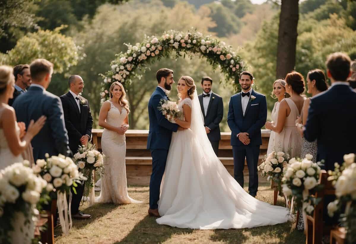 A bride and groom stand at the altar surrounded by family and friends, all smiling and celebrating. The scene is filled with flowers, elegant decor, and a joyful atmosphere