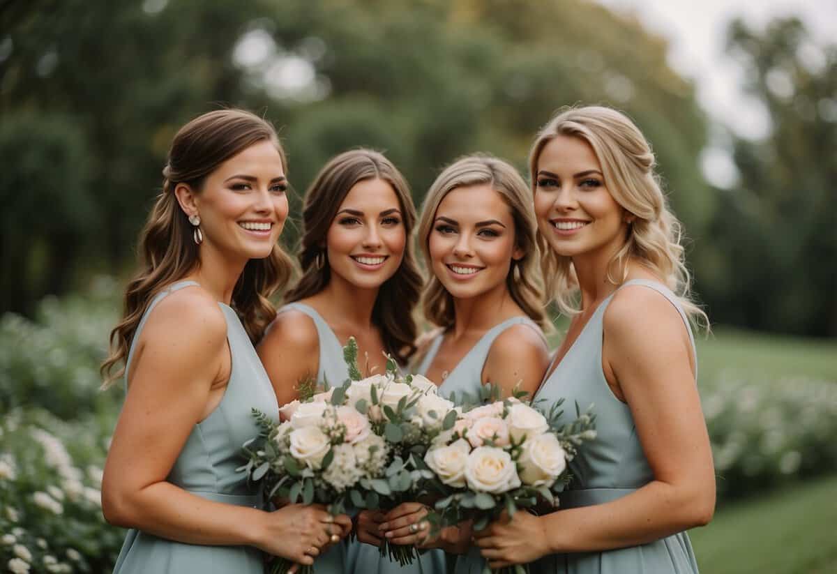 A bride and her bridesmaids stand in a line, holding bouquets, smiling and looking at the camera. The bride is in the center, with her bridesmaids on either side. The background is a beautiful outdoor setting, with flowers and greenery