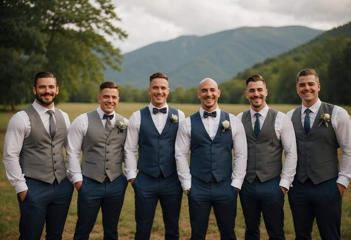 Groom and groomsmen standing in a line, smiling and looking at the camera with a picturesque background