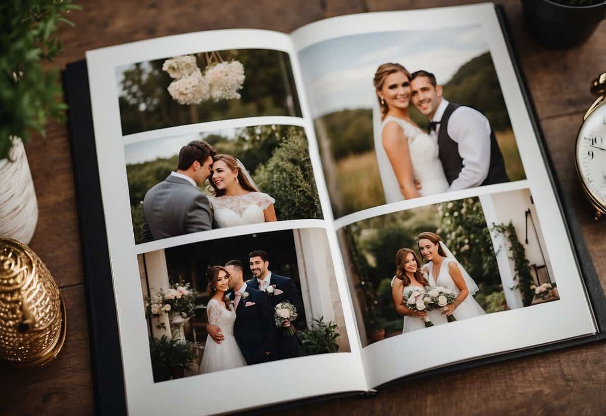 A wedding photo album open on a table, with a variety of family photos displayed in different sizes and frames