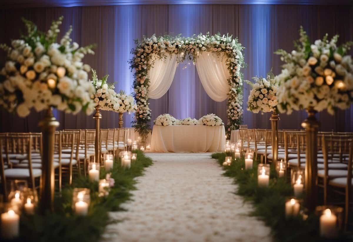 Lavish floral arrangements adorn the ceremony space, with elegant drapery and twinkling lights creating a romantic ambiance. A decorative arch frames the couple, while guests mingle amidst the stunning decor