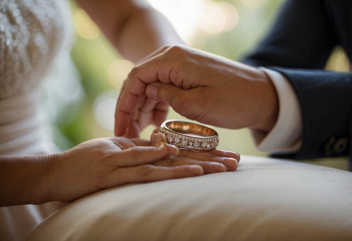 A close-up of two wedding rings being exchanged on a decorative pillow or in the hands of a loved one