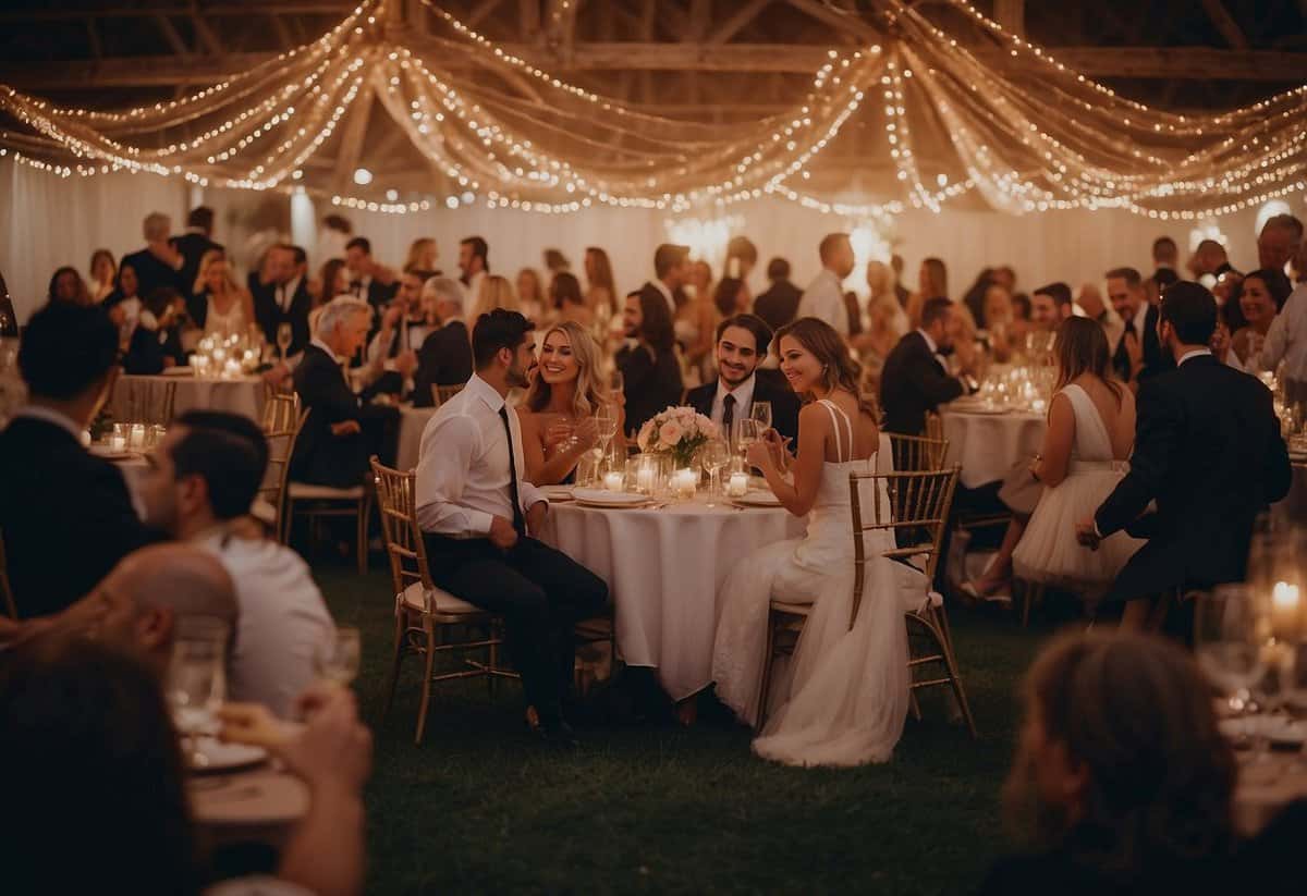 A wedding reception with guests mingling, toasting, and dancing. Tables adorned with flowers and candles, a live band playing in the background