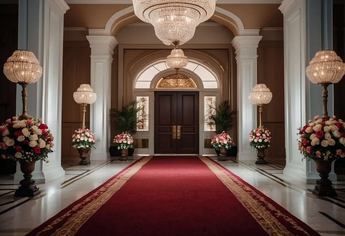 A grand entrance with ornate doors and a red carpet leading into a lavish reception hall, adorned with floral arrangements and twinkling lights