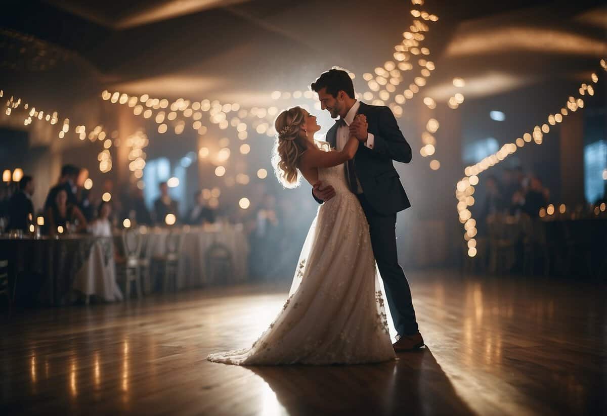 Bride and groom dancing close, surrounded by soft, romantic lighting and a hint of floral decor