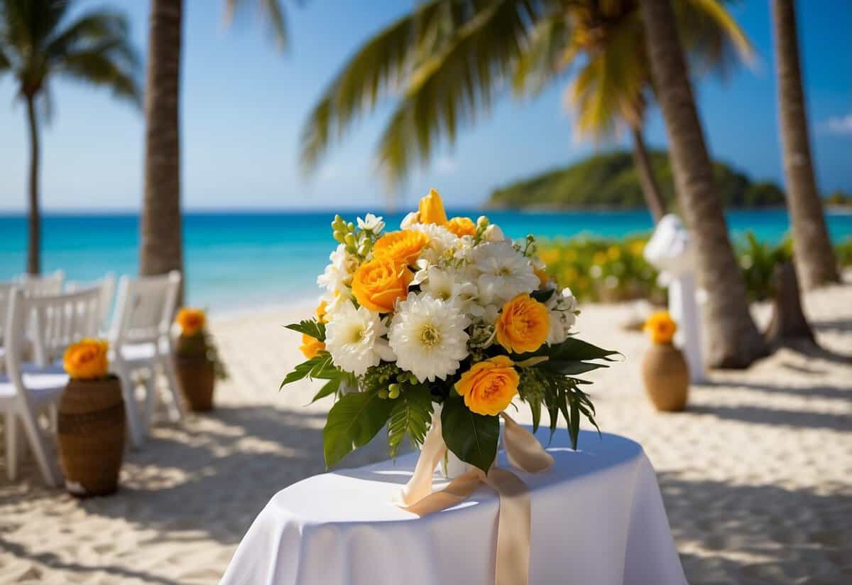 A picturesque beach with white sand and clear blue water, surrounded by palm trees and colorful flowers, the perfect setting for a romantic wedding ceremony