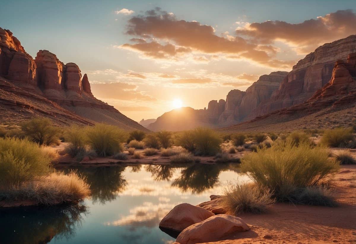 A desert oasis with towering red rock formations, a serene lake, and a stunning sunset backdrop