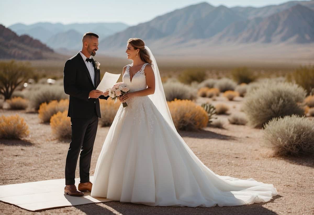A couple exchanging vows in front of a picturesque backdrop of the Nevada desert, with a marriage license and a beautiful venue in the background