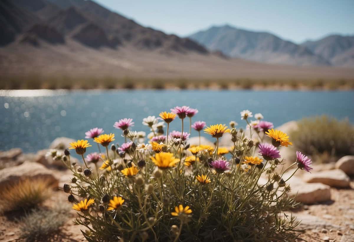 A bright, sunny day in the Nevada desert with a backdrop of majestic mountains and a serene, picturesque lake. Wildflowers in full bloom add a pop of color to the arid landscape, creating a stunning setting for a wedding ceremony