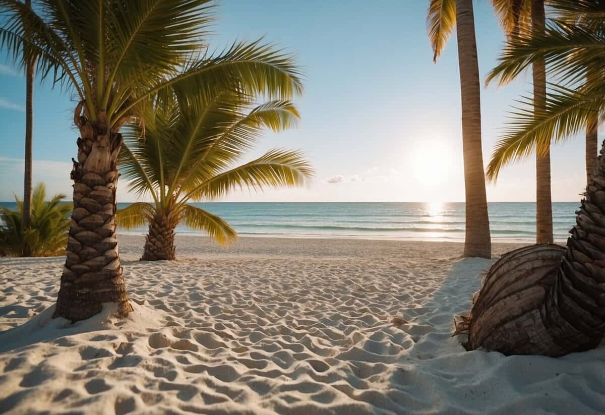 A serene beach setting with palm trees, a gentle breeze, and a clear blue sky, perfect for a romantic wedding ceremony in Florida