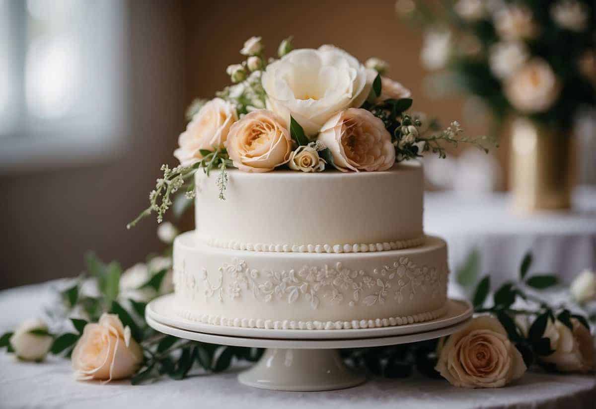 Simple two-tier white wedding cake with pastel roses