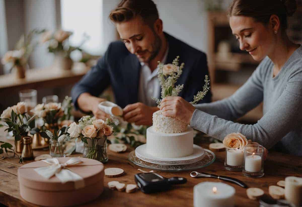 A bride and groom creating DIY wedding decorations, surrounded by craft supplies and tools. A table holds handmade centerpieces and personalized favors