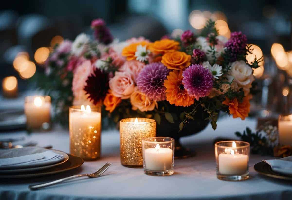 A table adorned with vibrant flowers and elegant candles, surrounded by whimsical decorations and twinkling lights, creating a magical atmosphere for a wedding celebration