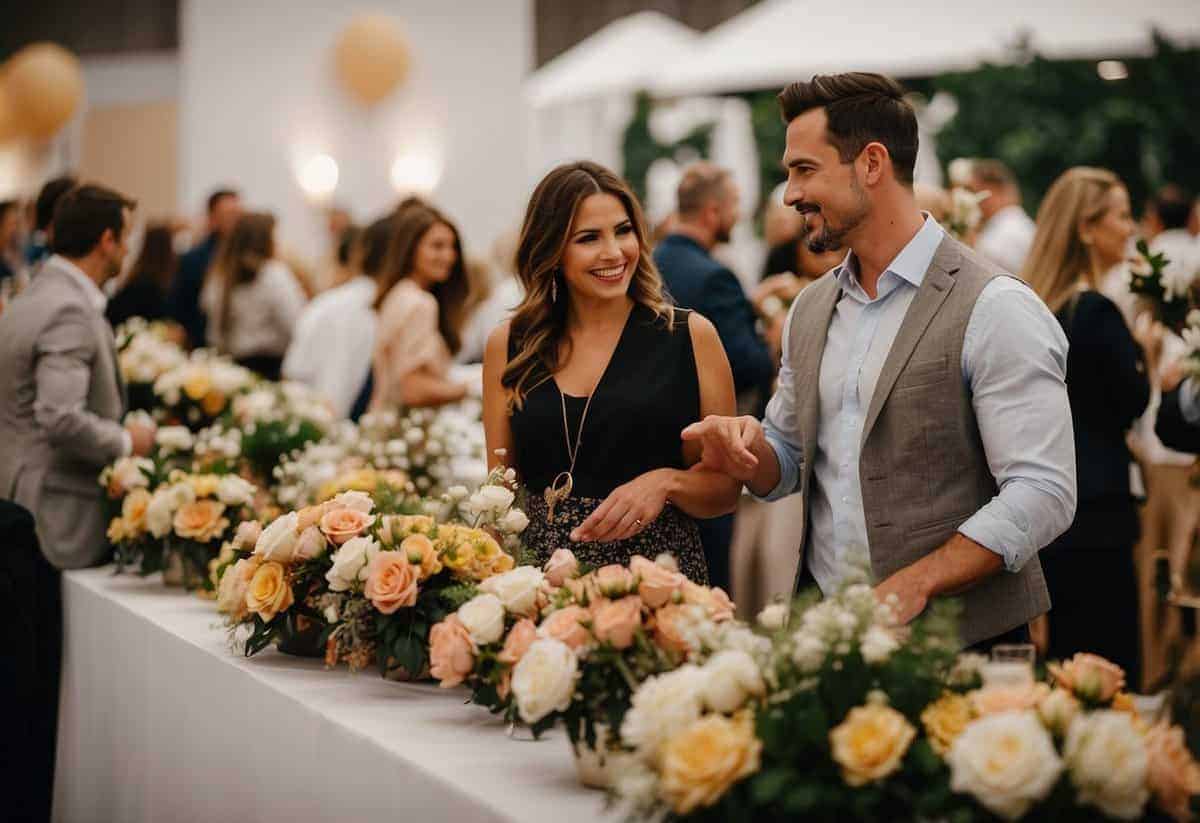 A couple discussing details with vendors at a wedding expo. Tables filled with floral arrangements, cake samples, and décor options. Smiling vendors showcasing their services