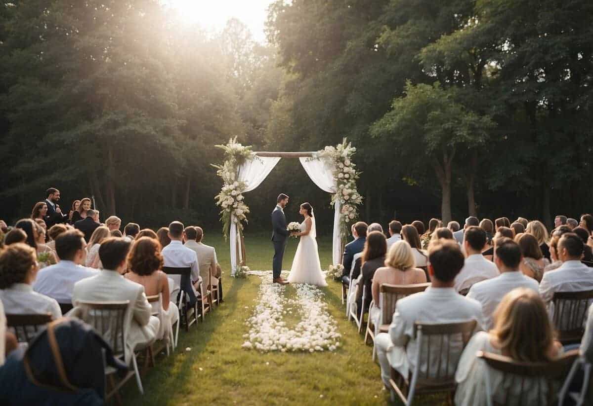 A weekday wedding: A serene outdoor ceremony with a small gathering, soft sunlight, and a relaxed atmosphere