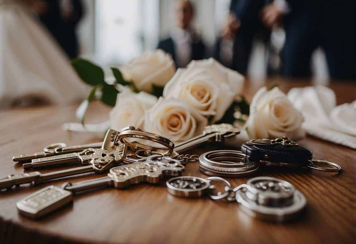 A bride and groom receiving keys from a rental company, surrounded by various wedding items available for rent or borrow