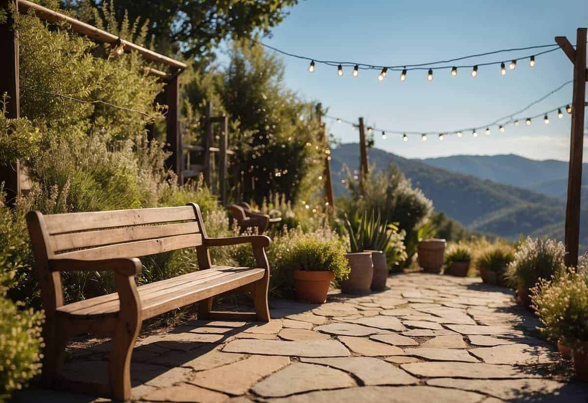 A charming outdoor garden with twinkling string lights and rustic wooden benches, set against a backdrop of rolling hills and a clear blue sky