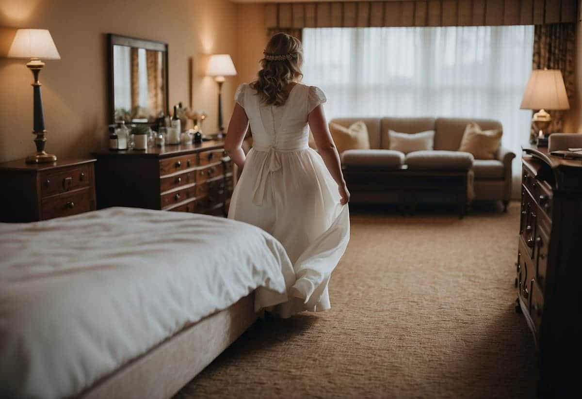 The maid of honor rushes out, leaving behind scattered guest accommodations and unmade beds