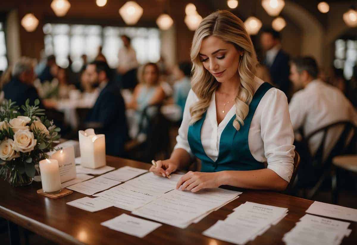 The maid of honor checks a list with unchecked boxes, scattered invitations, and a half-finished seating chart on the table