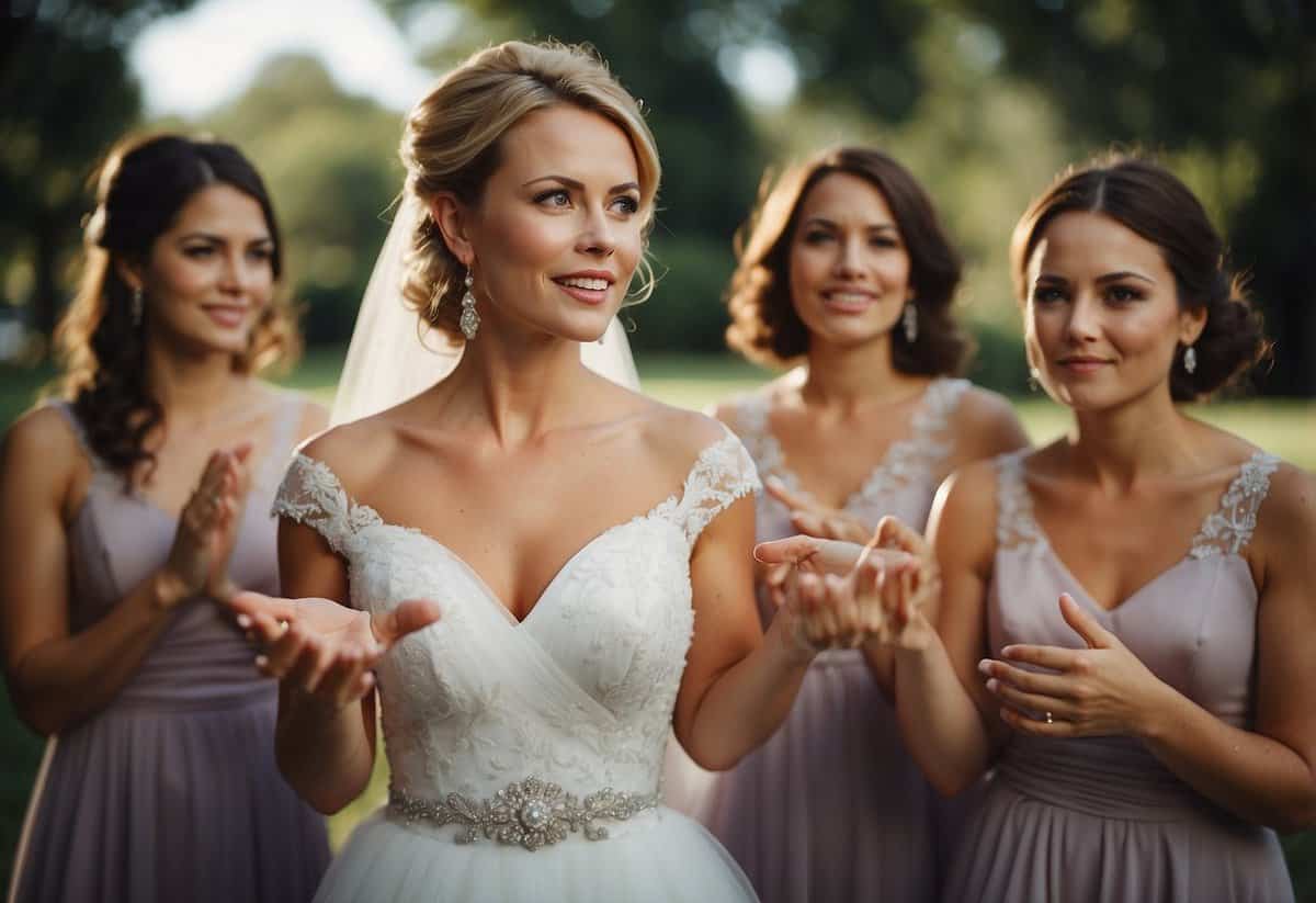 A bride gestures nonchalantly, saying "You can wear whatever." Bridesmaids look confused and uncertain