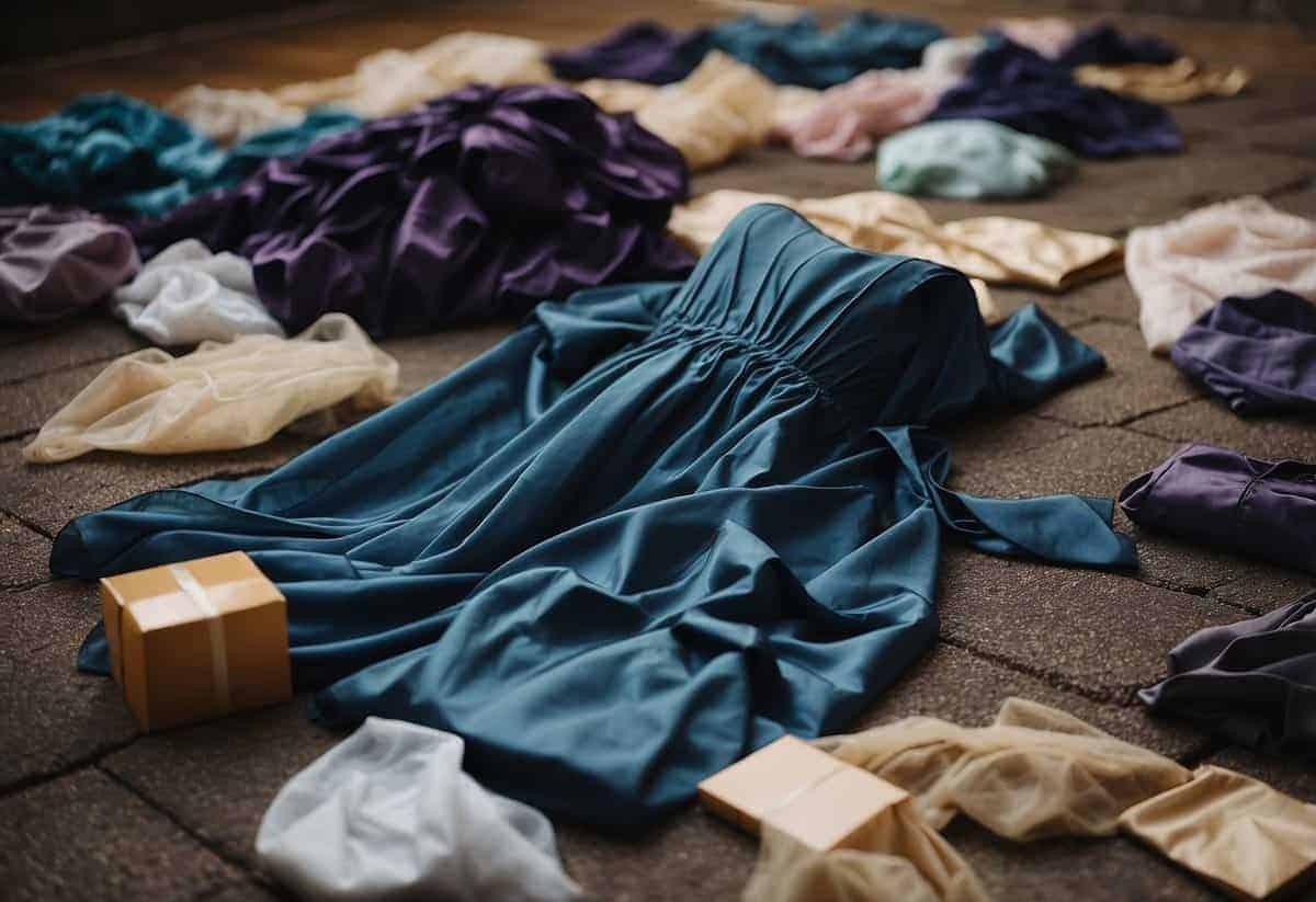 A discarded, crumpled dress lies on the floor, surrounded by scattered bridesmaid dresses