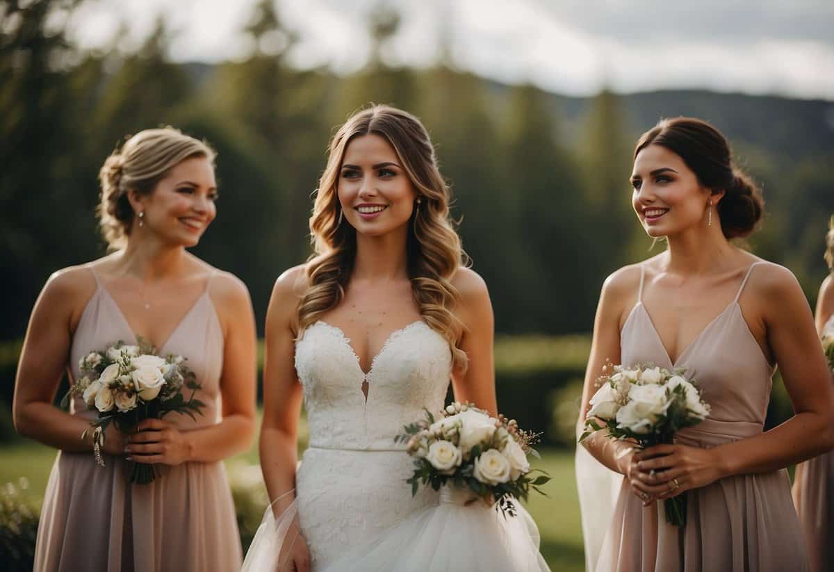 A bride gestures towards her hair, while her bridesmaids look on with hesitant expressions