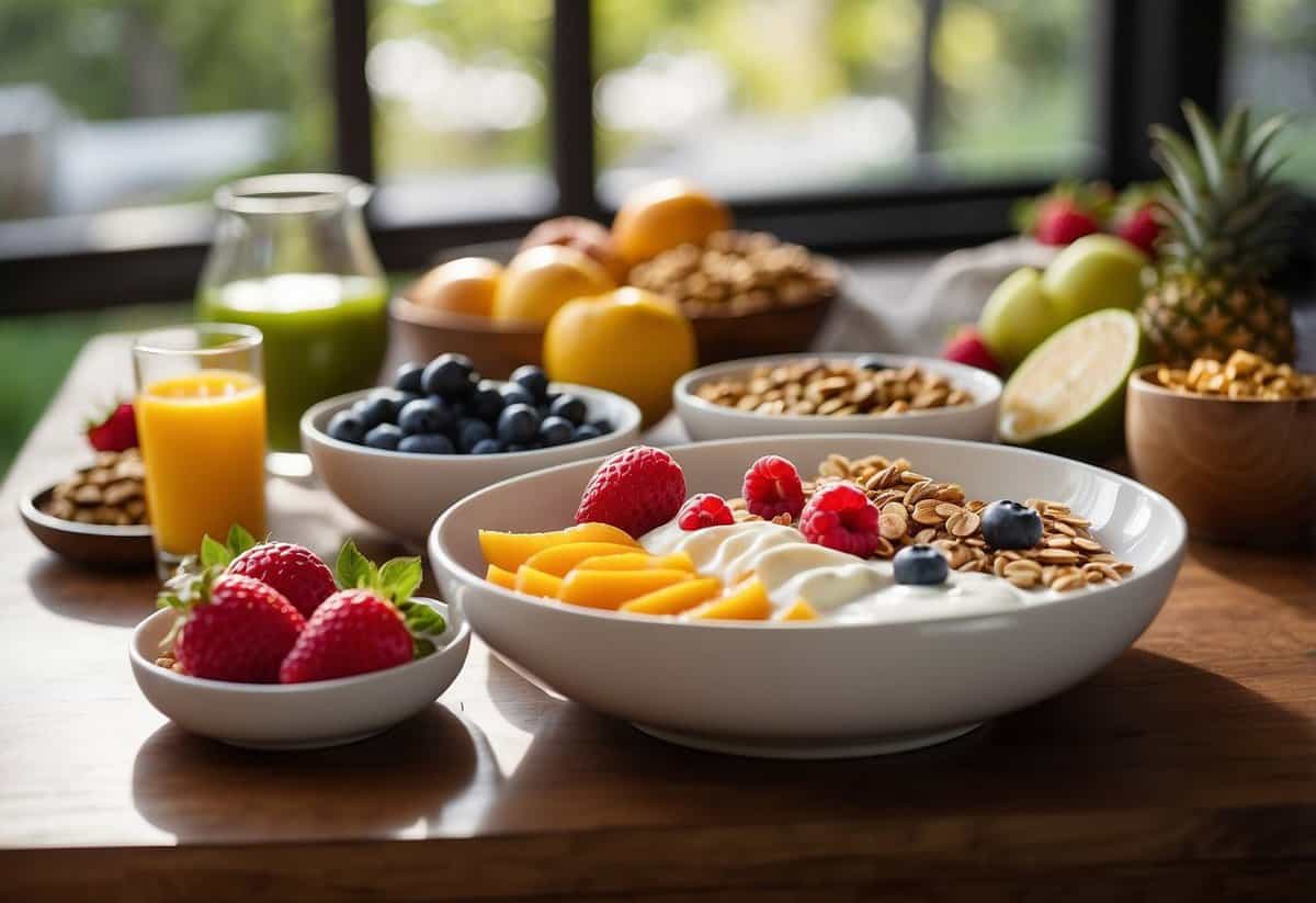 A table set with a colorful and nutritious breakfast spread, including fruits, yogurts, and granola. A serene and peaceful atmosphere with soft lighting and calming decor