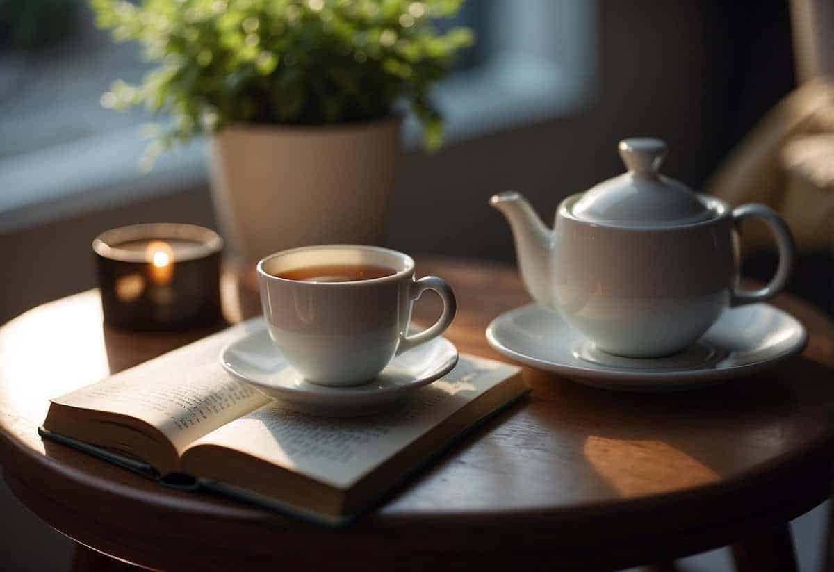 A serene setting with soft lighting, a cozy chair, and a table with a cup of tea and a book. A phone playing calming music sits nearby