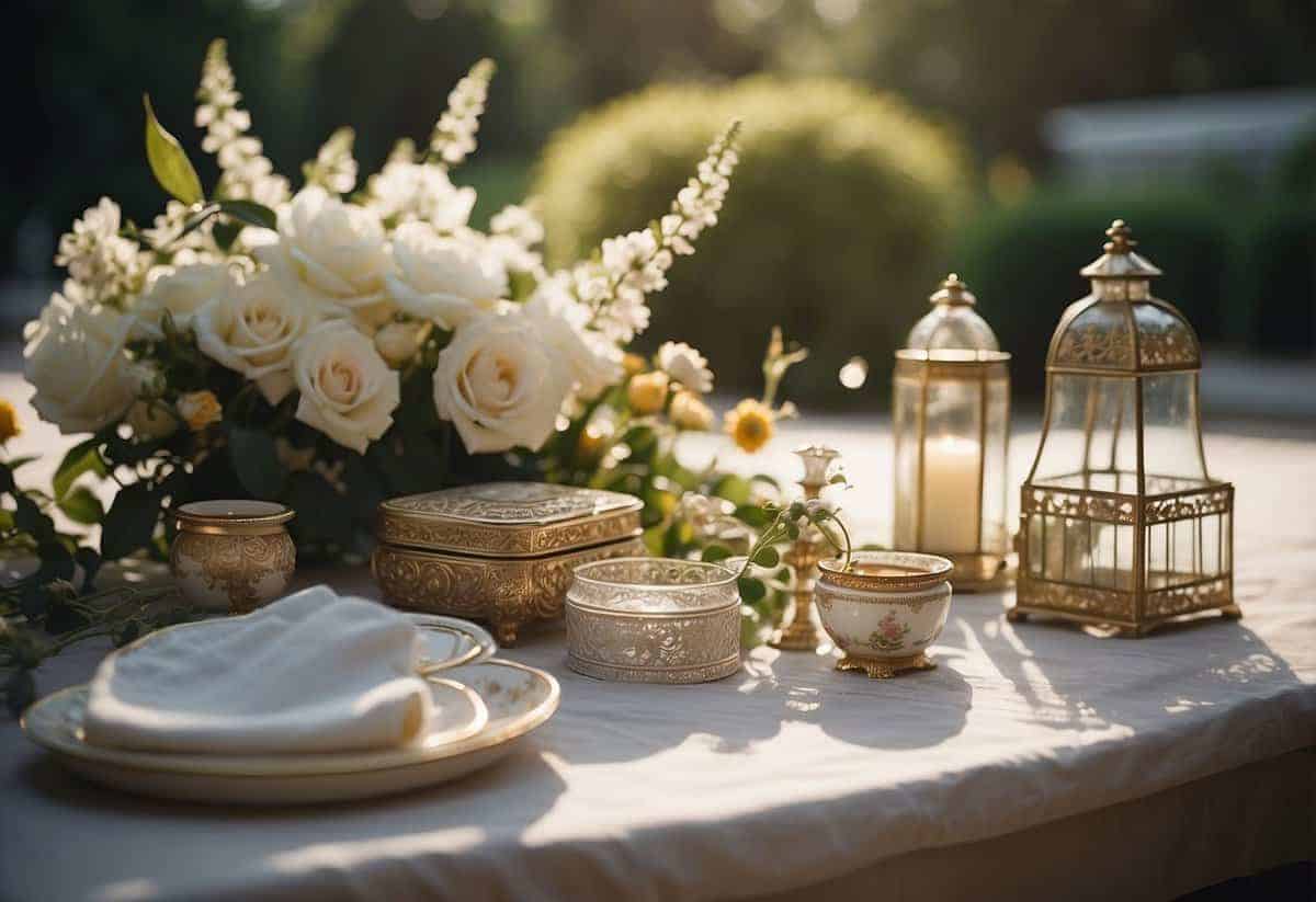 A serene garden with a bride's accessories laid out, surrounded by soft morning light and a sense of tranquility