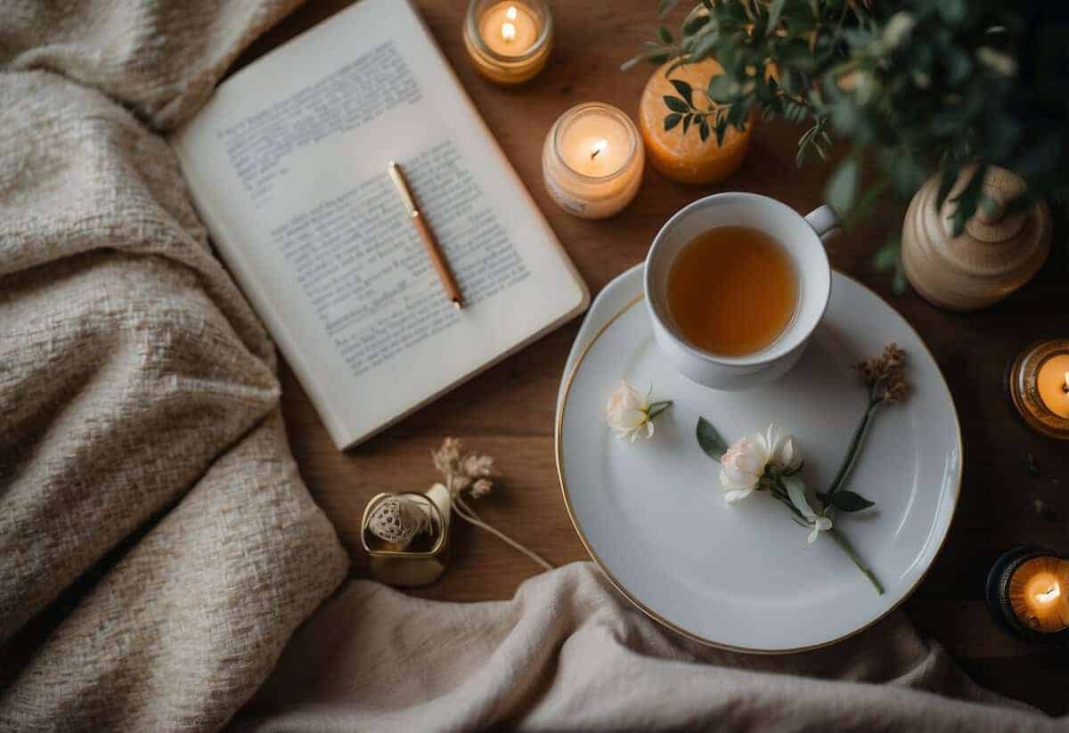 A serene bride surrounded by calming elements: a cup of herbal tea, a soothing playlist, a yoga mat, a journal, and a cozy blanket