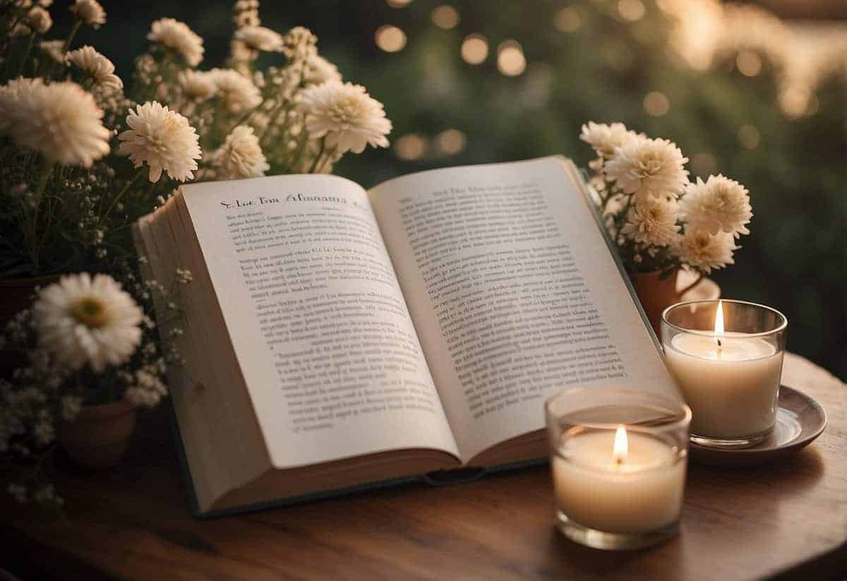 A serene morning scene with a book open to an uplifting quote and a list of 9 tips, surrounded by calming elements like flowers and candles