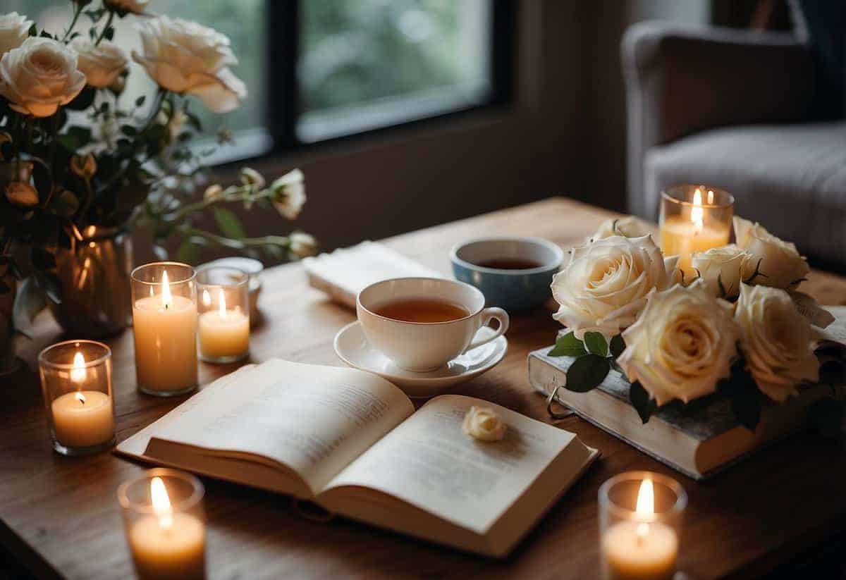 A serene bride sits with a cup of tea, surrounded by calming elements like candles, flowers, and a journal. A checklist and soothing music play in the background