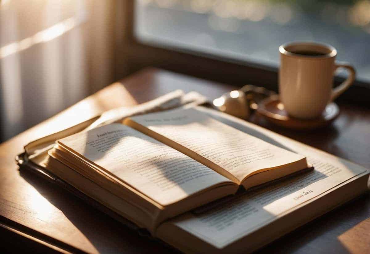 A journal lies open on a neatly made bed, with a list of "9 tips to keep calm on your wedding morning" written in elegant script. Sunlight streams through the window, casting a warm glow over the pages