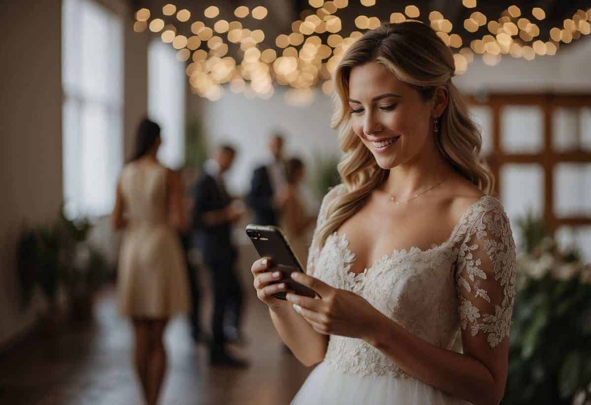 A person holding a phone, smiling, and talking to a loved one. A wedding dress hangs in the background, and a checklist of calming tips is nearby