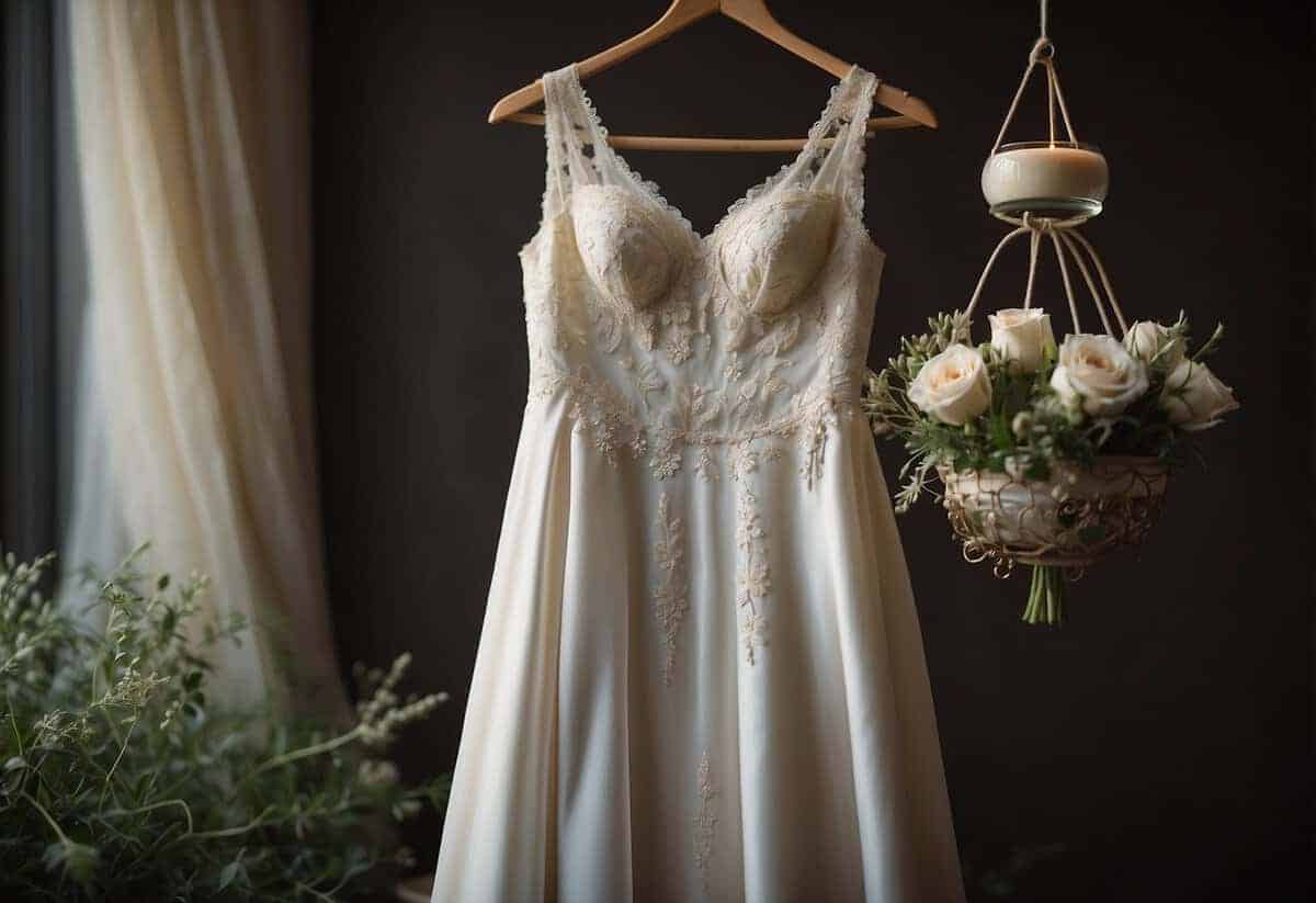 A bride's wedding dress hangs on a hanger, surrounded by calming elements like a cup of herbal tea, a scented candle, and a soft shawl. A note with encouraging words is placed nearby
