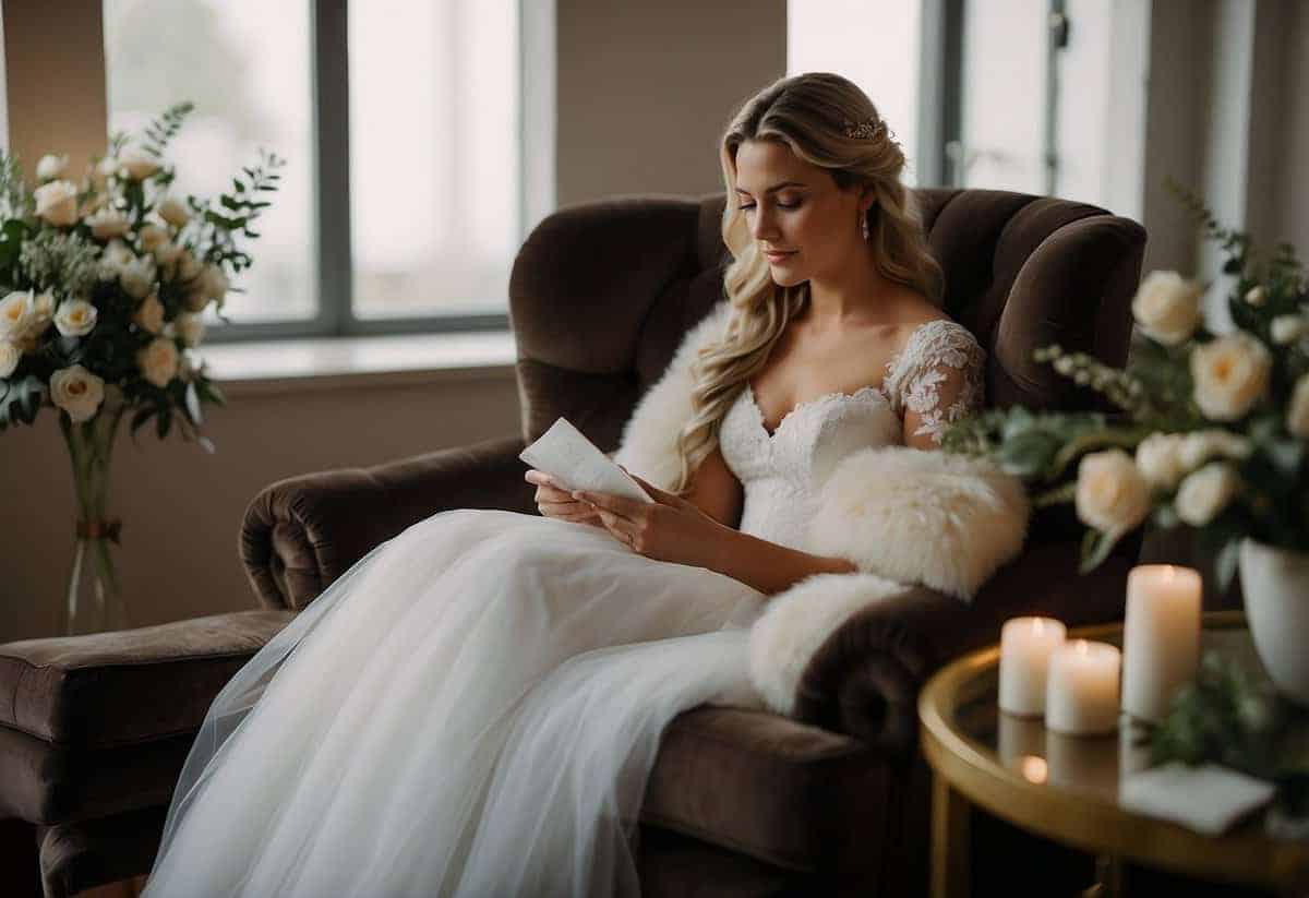A serene bride sits on a plush chair, surrounded by calming essential oils and soft music. A cup of herbal tea steams on the table, as she takes deep breaths and reads through a list of helpful tips for keeping calm on her wedding morning