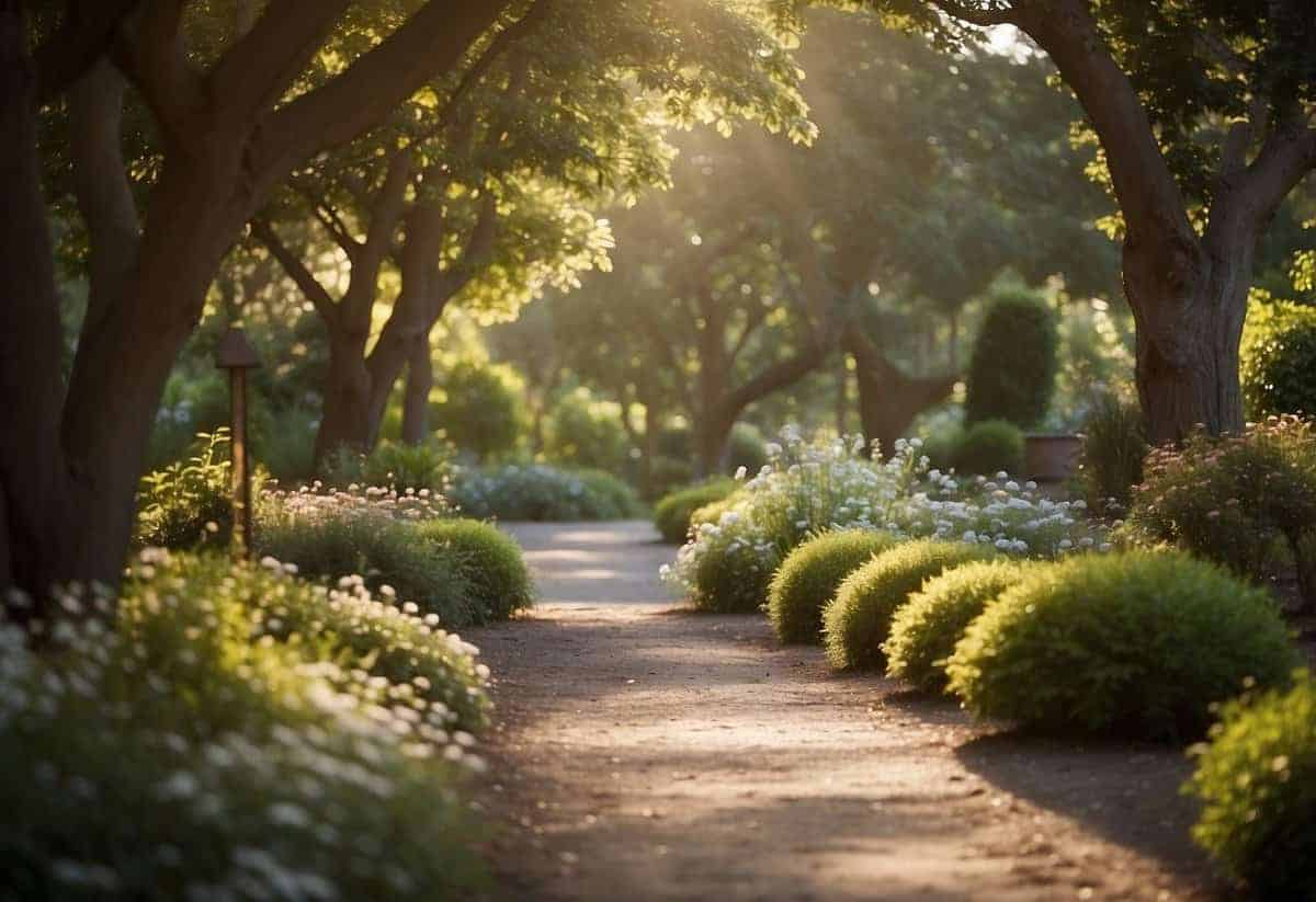A serene path winds through a peaceful garden, with soft sunlight filtering through the trees. A sense of tranquility and calmness fills the air, creating a soothing atmosphere for a leisurely walk