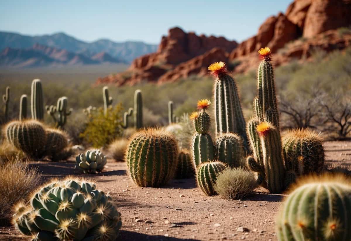 A desert landscape with red rock formations and a clear blue sky. Cacti and other native plants dot the scene, creating a picturesque backdrop for a wedding ceremony