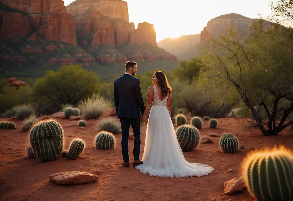 The sun sets behind the iconic red rocks of Sedona as a couple exchanges vows in a serene desert oasis. A cactus garden and picturesque mountains provide a breathtaking backdrop for the perfect Arizona wedding