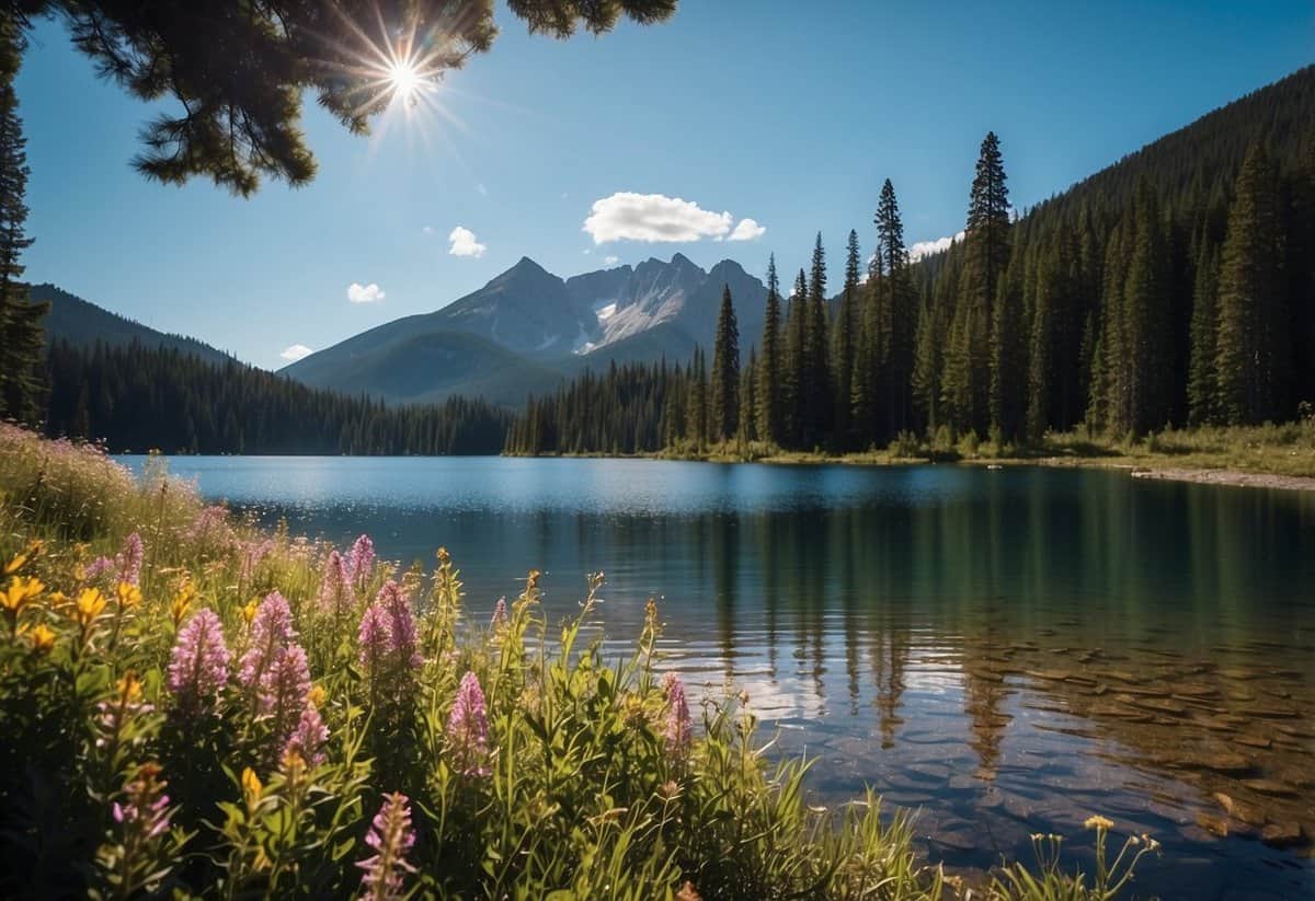 A calm lake with clear water surrounded by pine trees and wildflowers, with a mountain range and the sun shining overhead.