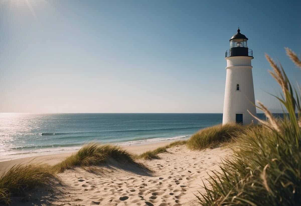 A picturesque beach ceremony with an ocean backdrop and a charming lighthouse in the distance. A soft, sandy shore with gentle waves and a clear blue sky completes the romantic setting